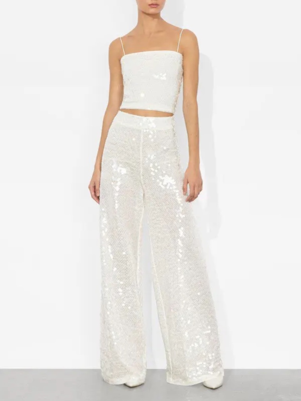 NWT ALICE + OLIVIA Athena Sequined White Wide-Leg Pants Size 4